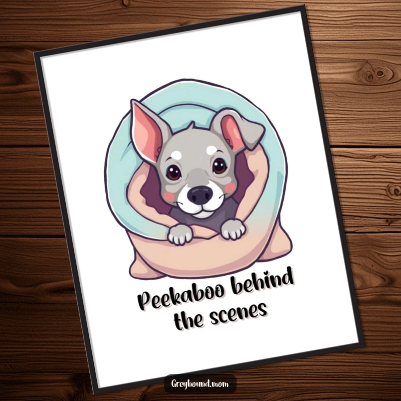 Funny Free Printable Wall Art: A curious Greyhound peeking from a cozy blanket, bringing laughs to your decor.