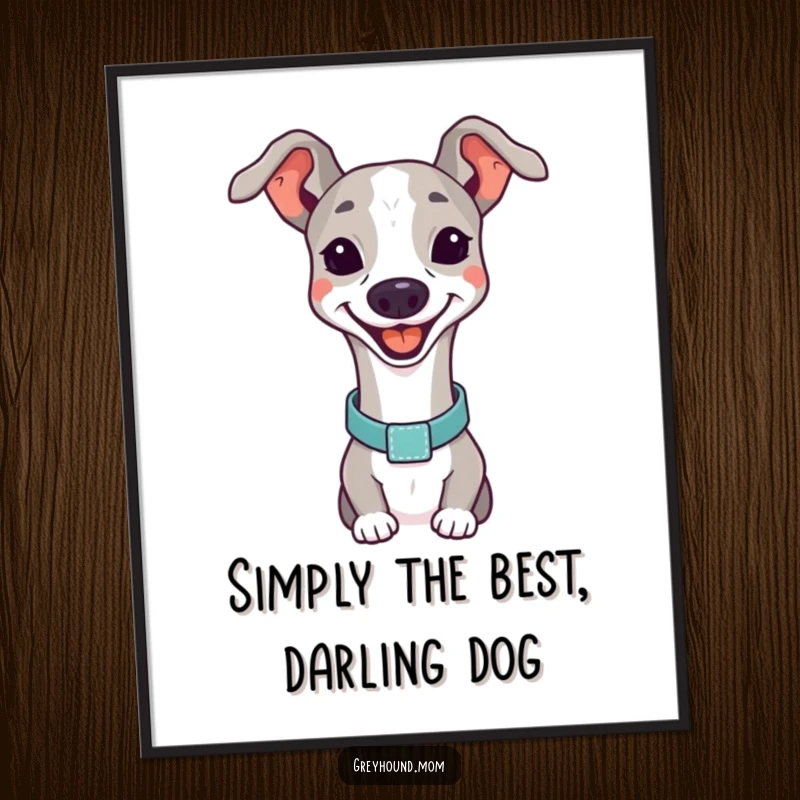 Funny Free Printable Wall Art: Greyhound in elegant collar, smiling brightly, sophisticated downloadable art for any room.