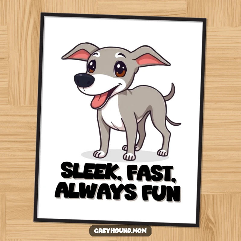 Funny Free Printable Greyhound wall art, a sleek, friendly dog looking excited and ready for playful activities.