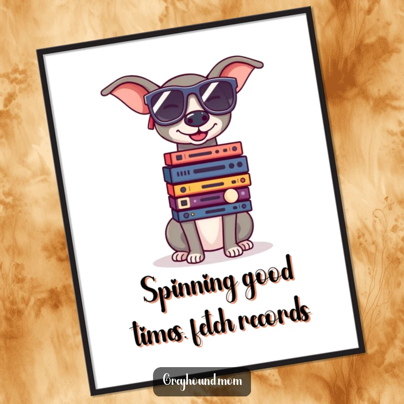 Funny Free Printable Wall Art: Greyhound in sunglasses, balancing records, iconic cool dog art