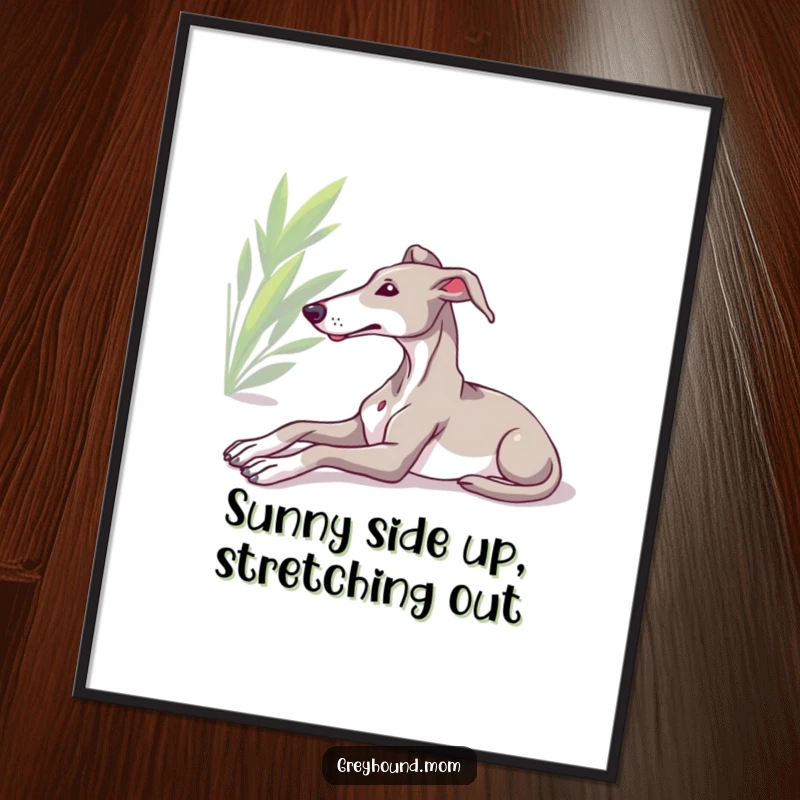 Funny Free Printable Wall Art: A relaxed Greyhound stretching serenely in a sunbeam, adding calm humor.