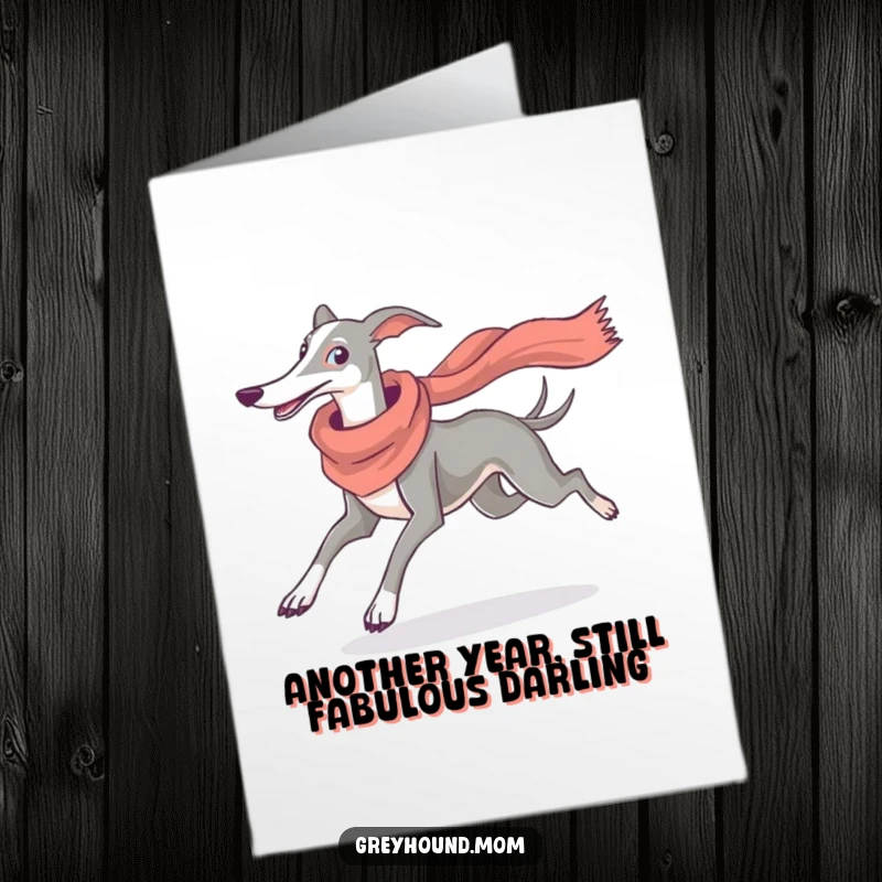 Funny Free Printable Birthday Card: Greyhound in flowing scarf running with elegance, a joyous and whimsical dog birthday.