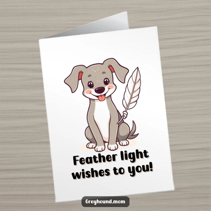 Funny Free Printable Birthday Card: A Greyhound smiles warmly, gently holding a single, delicate feather.