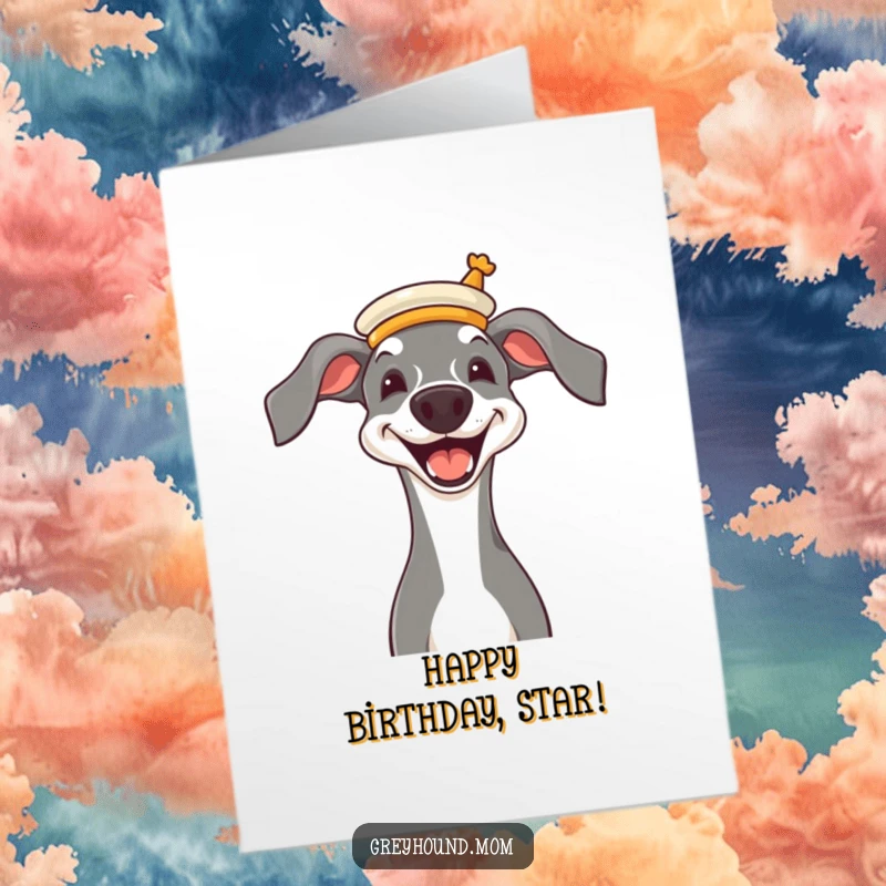 Funny Free Printable Birthday Card: Greyhound in opera hat, grinning joyfully, sophisticated and chic
