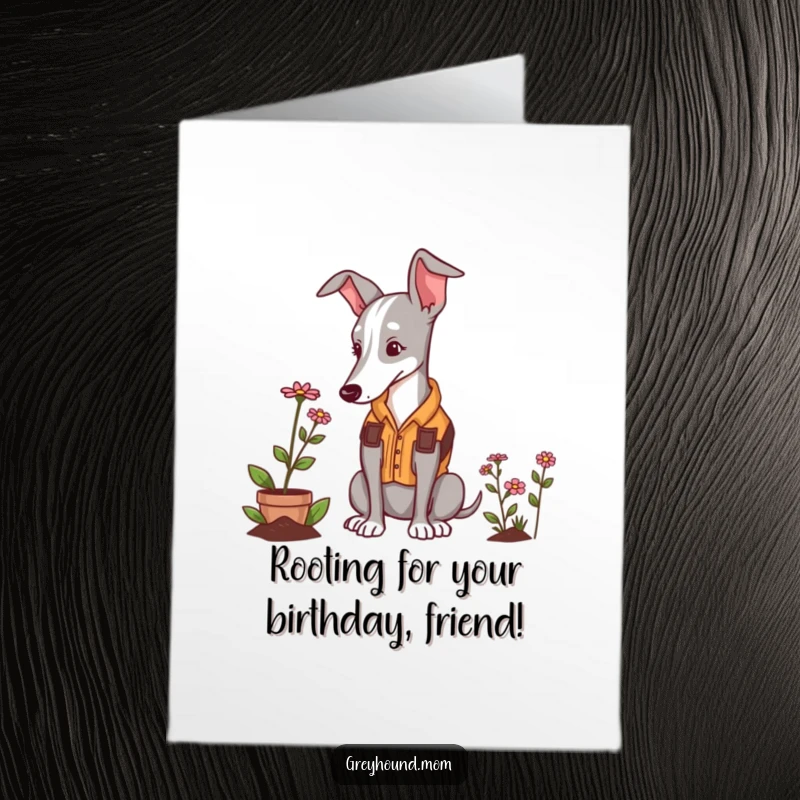 Funny Free Printable Birthday Card: Greyhound gardener in vest, lovingly admiring a tiny flower, a whimsical card for any occasion.