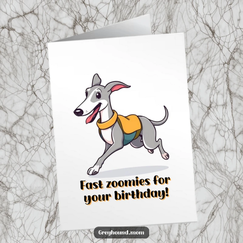 Funny Free Printable Birthday Card: Energetic Greyhound in a sporty vest trotting with pure joy