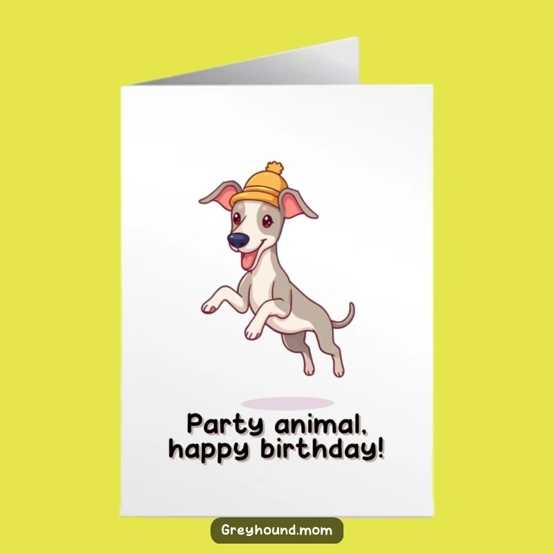 Free Printable Birthday Card: Playful Greyhound Jumper, Funny Hat Downloadable Gift for Party!