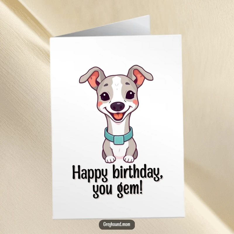Funny Free Printable Birthday Card: Greyhound in elegant collar, smiling brightly, a charming card for any birthday celebration.