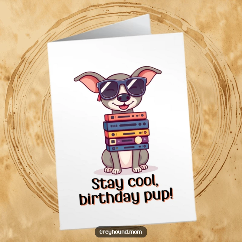 Funny Free Printable Birthday Card: Greyhound in sunglasses, cooly balancing records, retro vibe