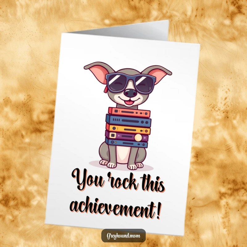 Funny Free Printable Congrats Card: Greyhound DJ in sunglasses, perfectly balancing records, stylish congrats