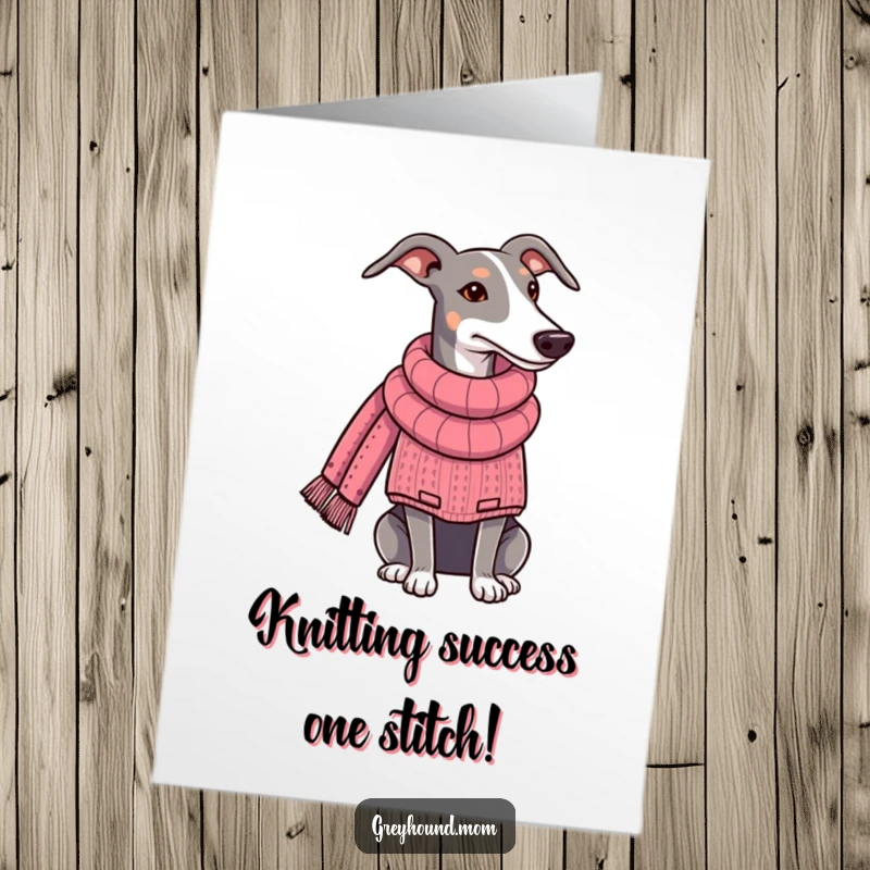 Funny Free Printable Congrats Card: A Greyhound wearing a sweater knits a long scarf, celebrating success.