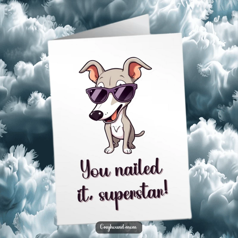 Free Printable Congratulations Card: A sleek Greyhound in sunglasses strikes a dynamic, stylish pose for a cool celebration message.