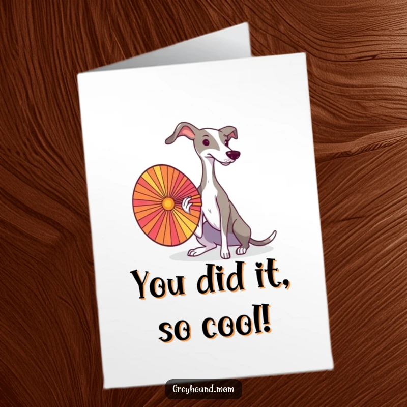 Elegant Free Printable Congrats Card: A graceful Greyhound fans itself with a colorful fan, exuding sophisticated congratulations and style.