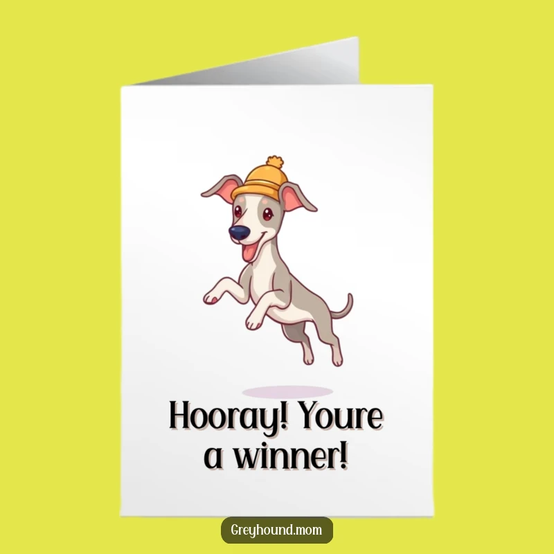 Free Printable Congrats Card: Playful Greyhound's Leap, Funny Downloadable Gift for Big Wins!