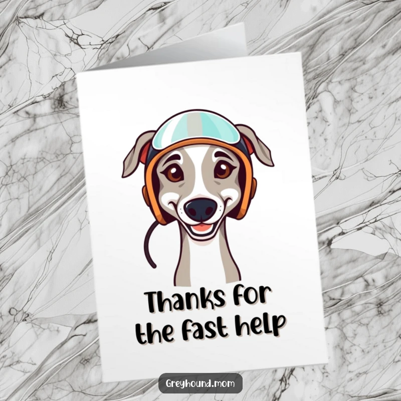 Funny Free Printable Thank You Card: Determined Greyhound in a racing helmet, smiling gratefully.