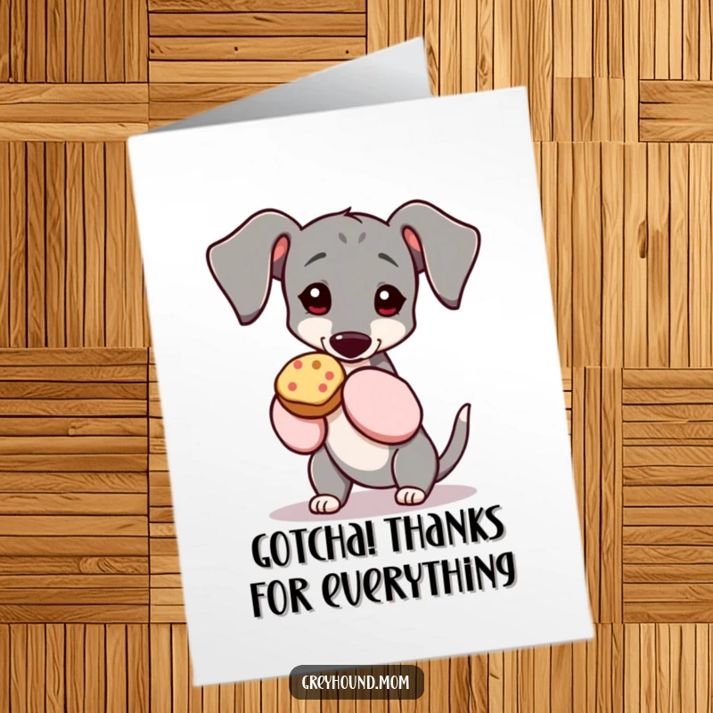 Funny Free Printable Thank You Card: Greyhound wearing oven mitts holds a fetching treat, expressing thanks.