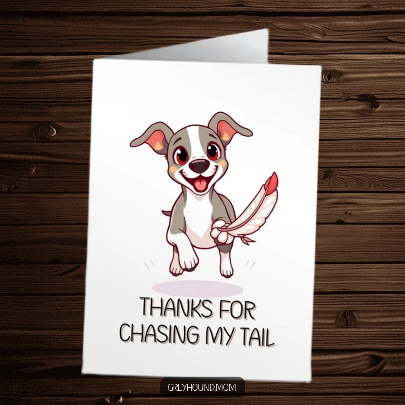 Funny Free Printable Thank You Card: A Greyhound with eager eyes chases a feather toy with great focus