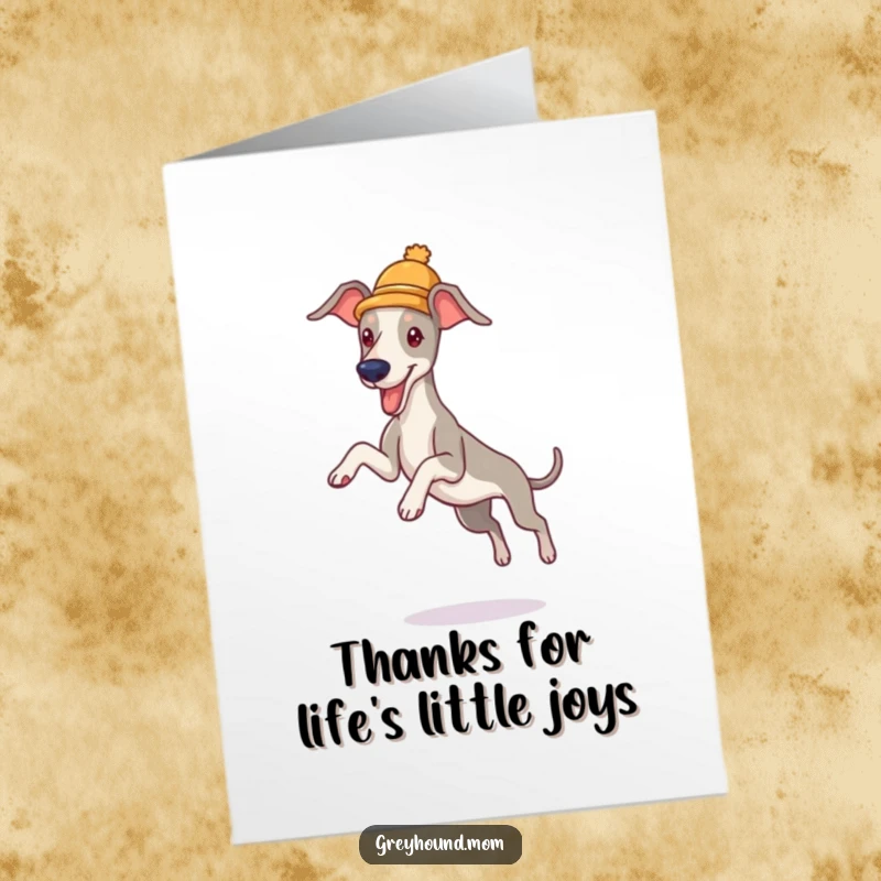 Funny Free Printable Thank You Card: Greyhound wearing tiny hat leaps playfully, a cheerful doggy saying thanks.