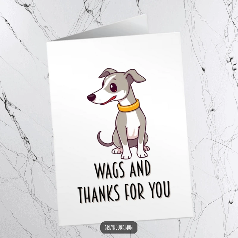 Funny Free Printable Thank You Card: A happy Greyhound in a shiny collar, tail wagging with thanks.