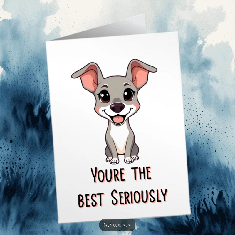 Funny Free Printable Thank You Card: Greyhound with sleek ears looks alert and happy, a thankful dog.