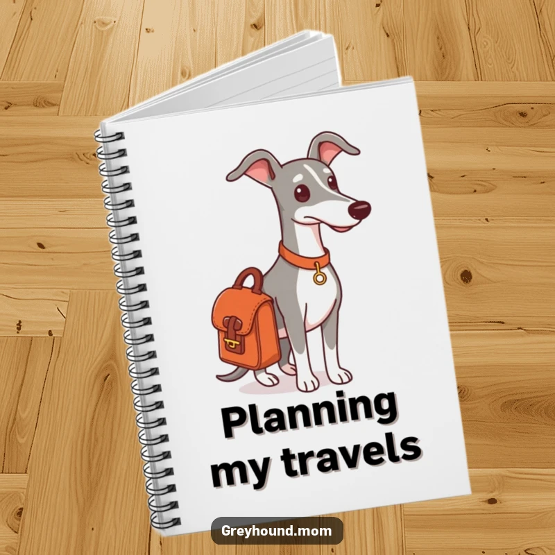 Funny Greyhound satchel notebook, a dog ready for an outing, travel journal.