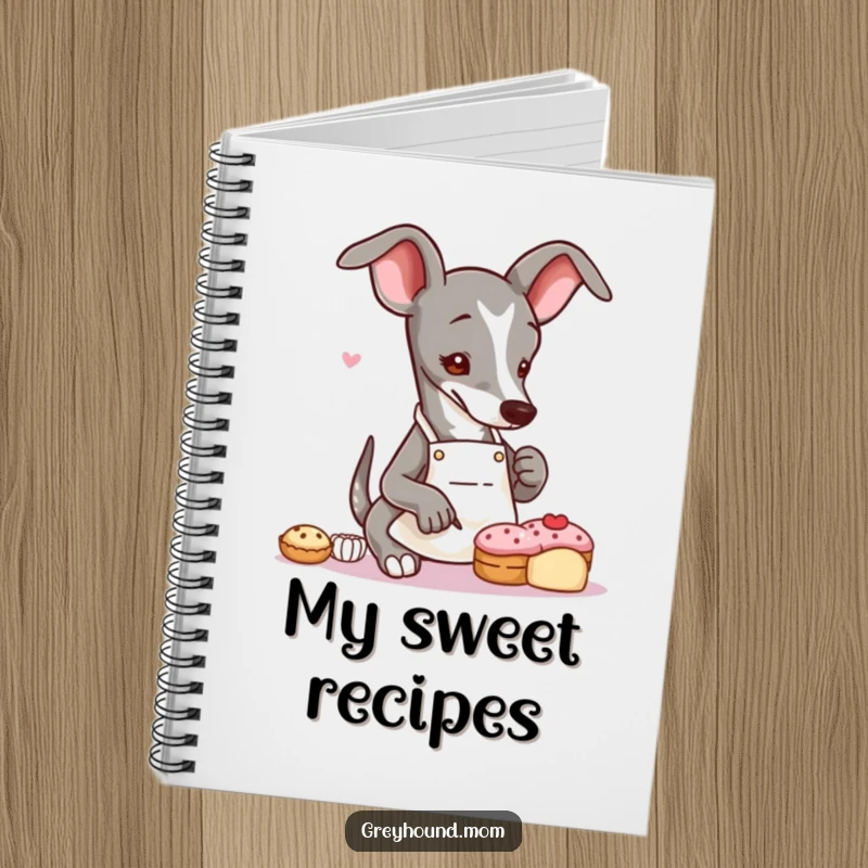 Funny Greyhound baker notebook with a slender dog wearing an apron, delicately decorating a tiny pastry, perfect for recipe notes.