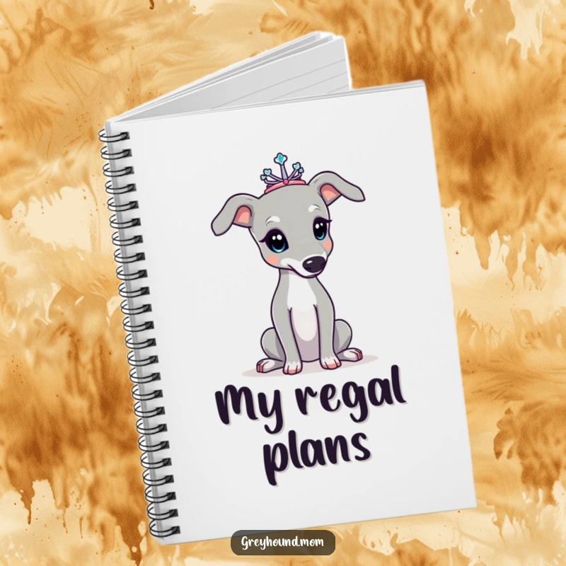 Funny Greyhound notebook cover, showing the dog with a tiny tiara, posing elegantly, perfect for jotting down sophisticated thoughts. Great funny gift.