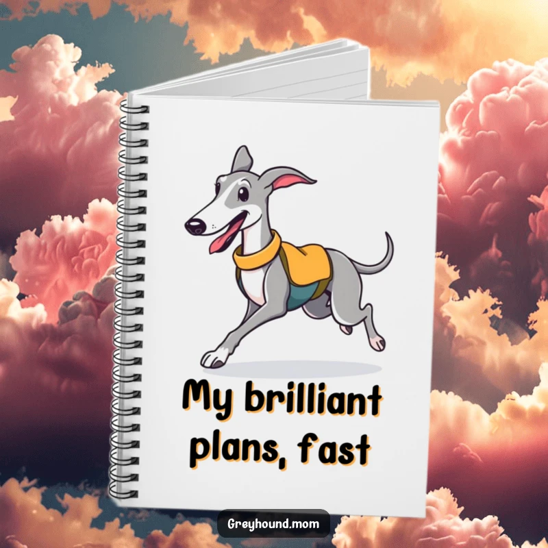 Funny notebook with a happy Greyhound in a sporty vest, trotting along, perfect for note-taking.
