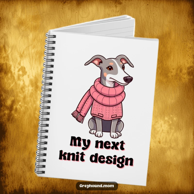 Funny Greyhound notebook cover, showing the dog in a cozy sweater knitting a scarf, perfect for jotting down creative ideas. Great funny gift.