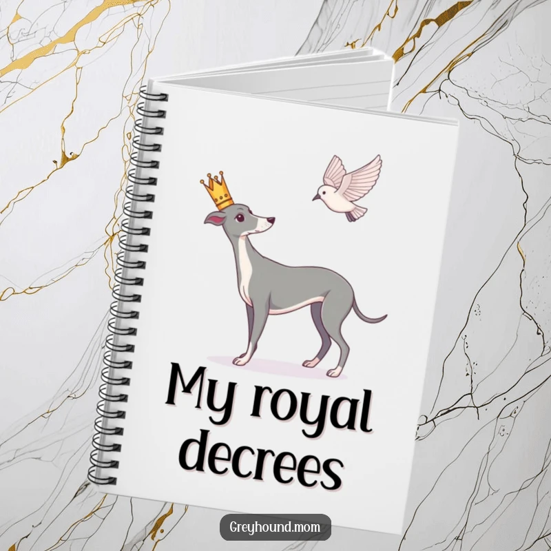 Funny Greyhound notebook, journal featuring a crowned dog watching a bird, inspires regal ideas.