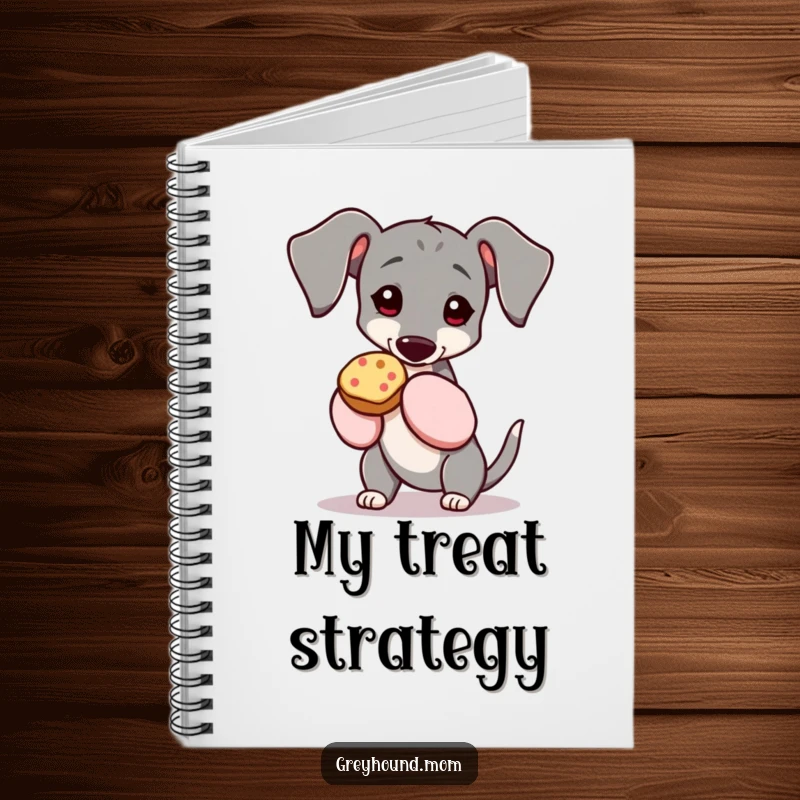 Funny Greyhound notebook cover, showing the dog in oven mitts holding a treat, perfect for jotting down tasty ideas. Great funny gift.