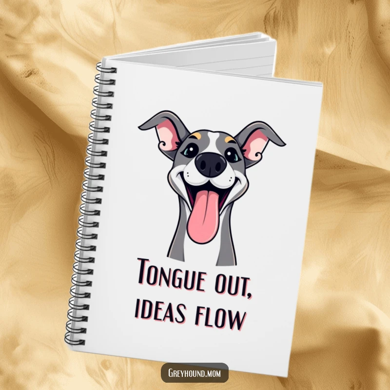 Funny Greyhound Notebook with tongue lolling out in playful excitement, perfect for journaling and gifts.