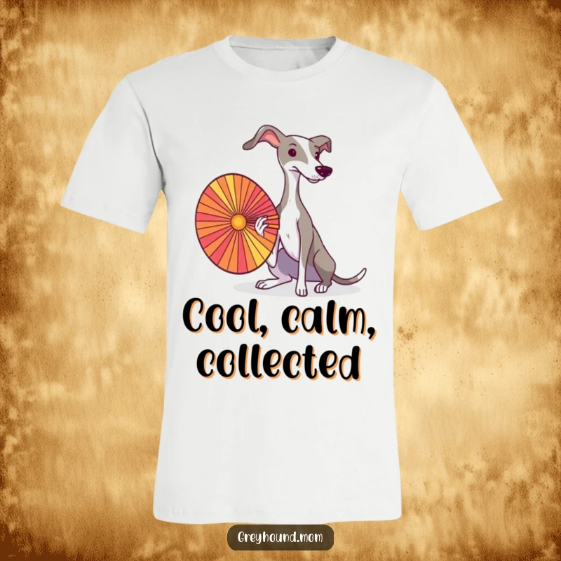 A sleek Greyhound fanning itself with a colorful fan, exuding elegance and calm on this fashionable t-shirt.