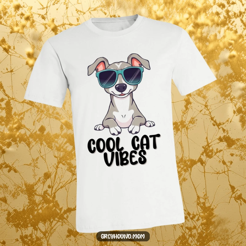 Funny Sunglasses Greyhound T-Shirt: A dog wearing shades, looking cool and relaxed, ideal funny gift.