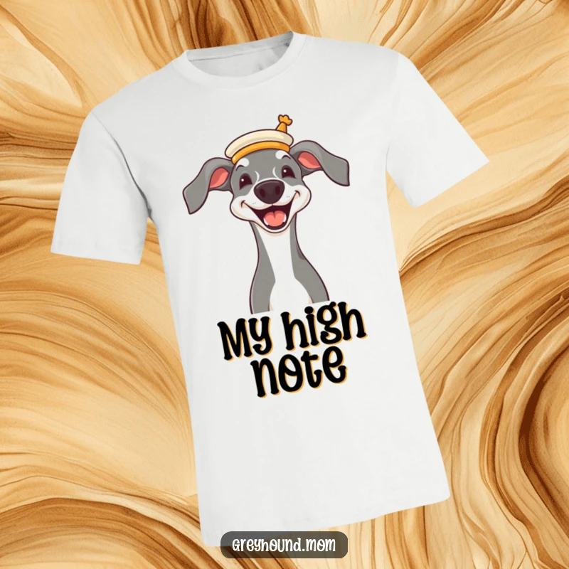 Funny Greyhound wearing a tiny opera hat with a big grin, a stylish and humorous graphic t-shirt.