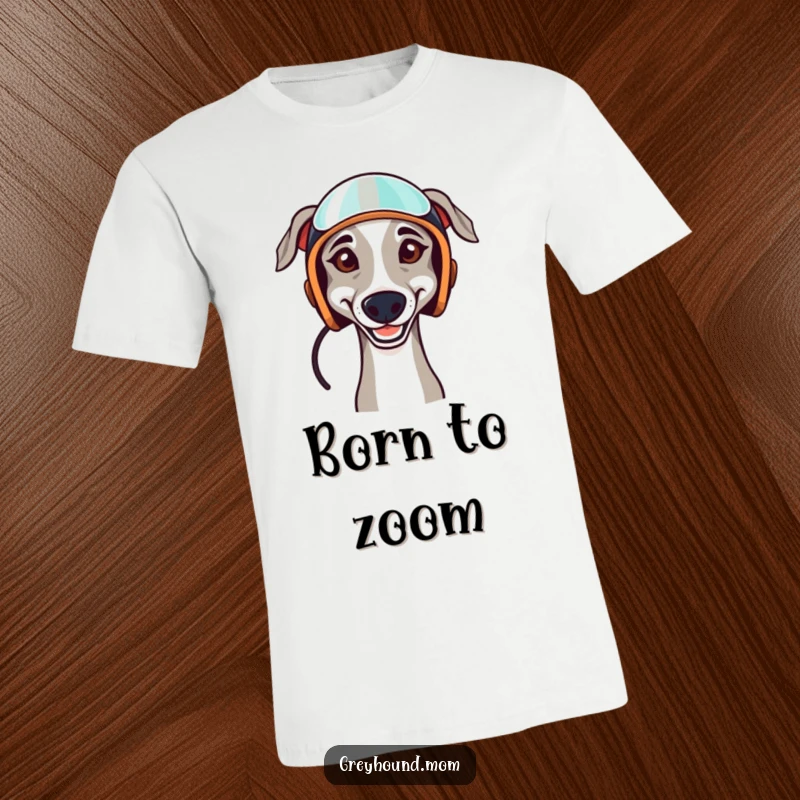 Funny t-shirt with a determined Greyhound dog smiling and wearing a tiny racing helmet, embodying the spirit of a racer.