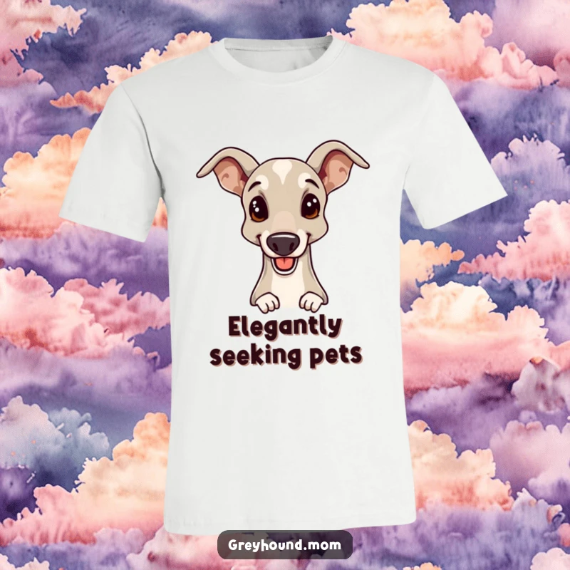 Funny Greyhound t-shirt featuring a cheerful dog giving an elegant head nudge, perfect for owners who love their sleek companions.