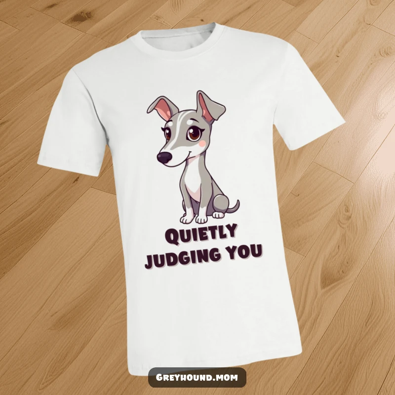 Funny t-shirt featuring a Greyhound with a gentle, attentive gaze, calmly watching its surroundings.
