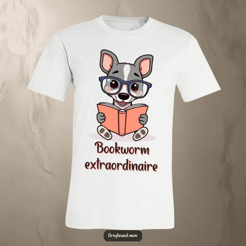 Funny Greyhound wearing reading glasses, engrossed in an open book with great enthusiasm, printed on a comfortable T-shirt.
