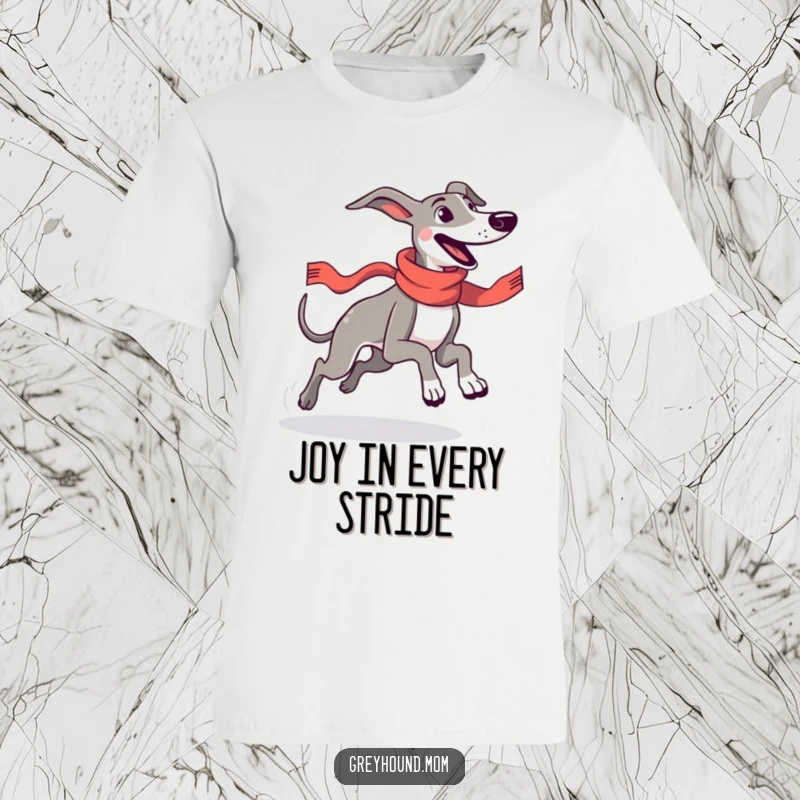 Funny Greyhound wearing a sleek racing scarf, depicted in mid-run with ecstatic joy, on a T-shirt for fast-paced fun.