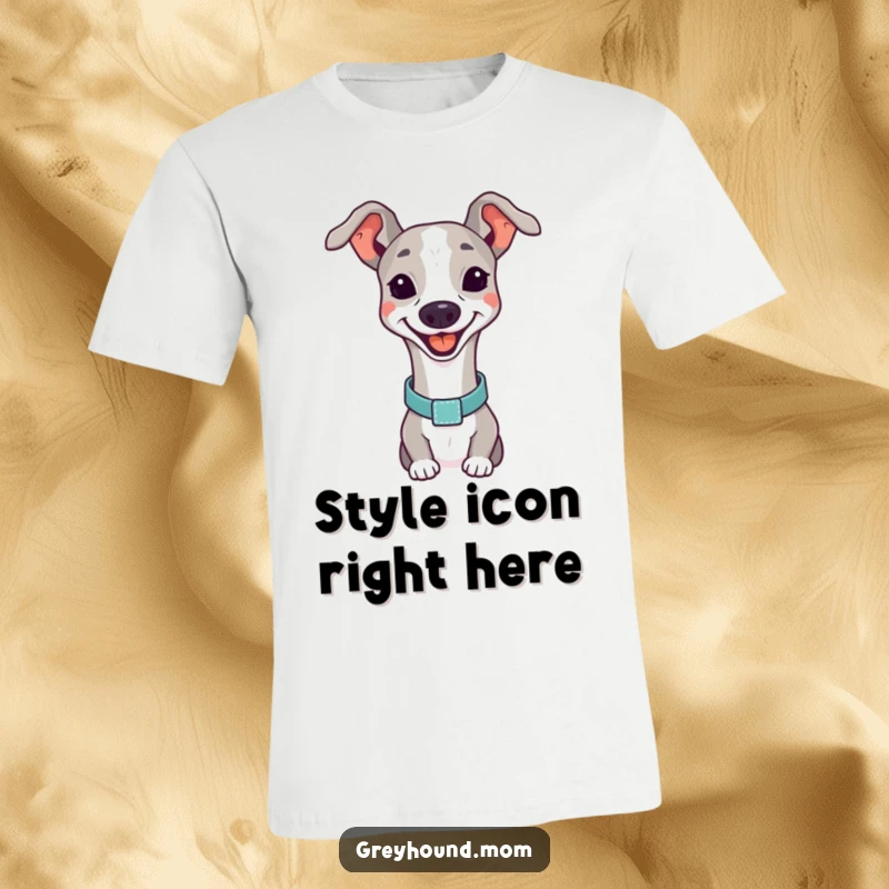 Funny Greyhound smiling t-shirt, a happy dog wearing an elegant collar.