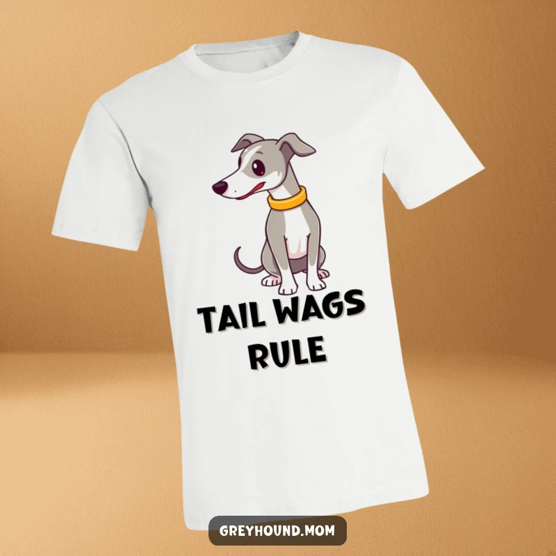 Funny T-Shirt: A happy Greyhound with a shiny collar is captured in mid-tail wag, exuding pure, unadulterated doggy delight.