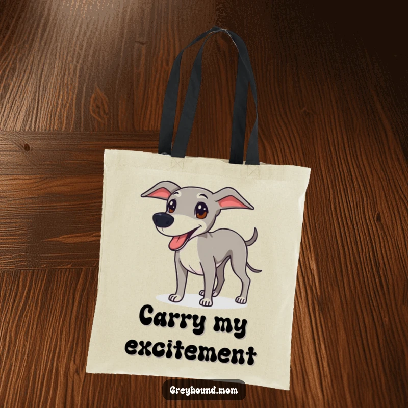 Funny Greyhound tote bag featuring a sleek dog looking ready for fun, perfect for carrying items with an energetic flair.