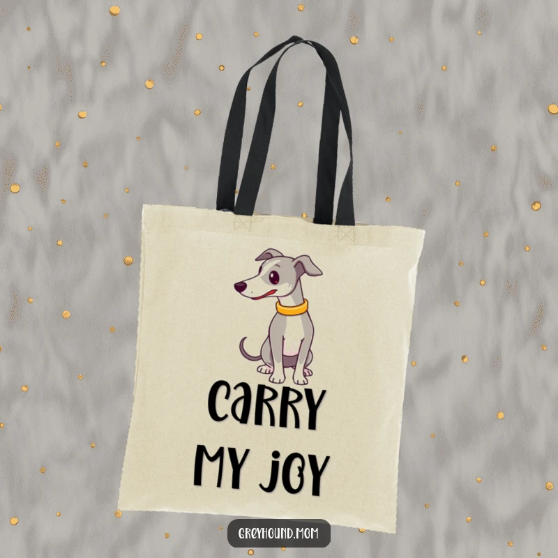 Funny Tote Bag: A Greyhound wearing a shiny collar wags its tail enthusiastically, ready to carry your essentials with joy.