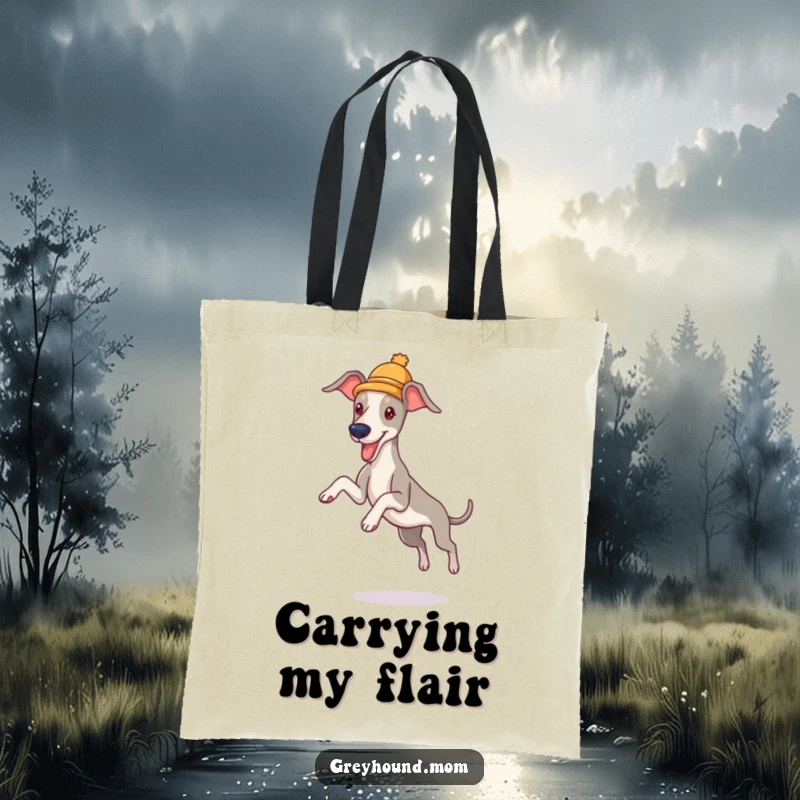 Funny Greyhound Hat Tote Bag: A cute dog with a hat leaping, perfect funny gift for shoppers.