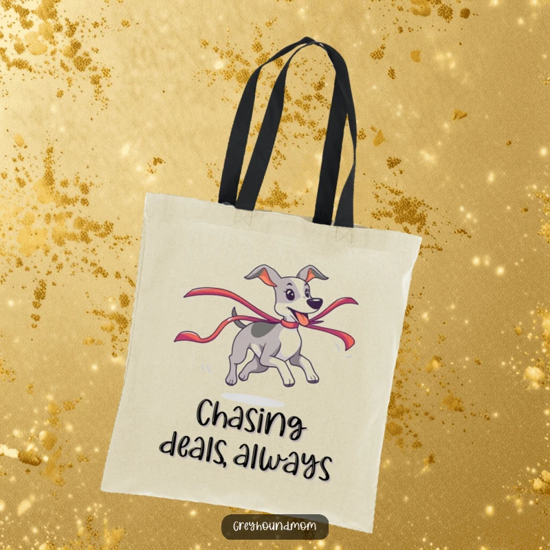 Funny Greyhound Tote Bag depicting a playful chase of a colorful ribbon, a fun and humorous gift.