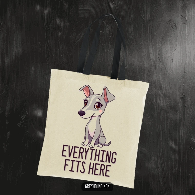 Funny tote bag featuring a Greyhound with a gentle gaze, watching attentively with quiet focus.