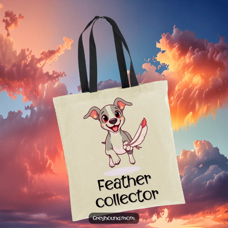 Funny tote bag depicting a Greyhound intensely chasing a feather toy with focused, eager eyes.