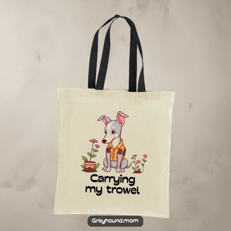 Funny Greyhound gardener tote bag, a dog in a gardening vest admiring a small flower.