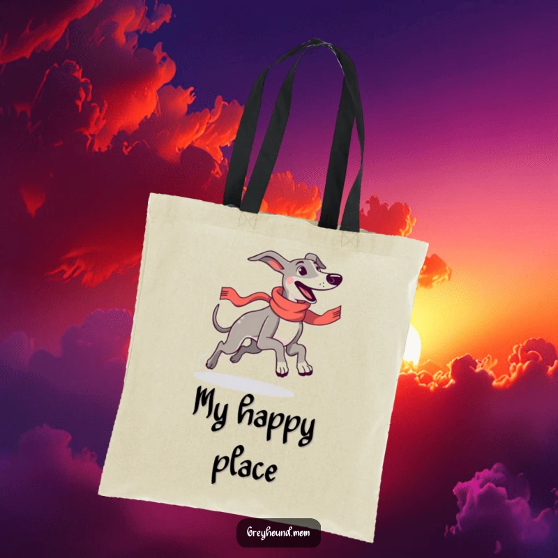 Funny Greyhound wearing a sleek racing scarf, captured mid-stride with joyful abandon, on a practical and funny tote bag.
